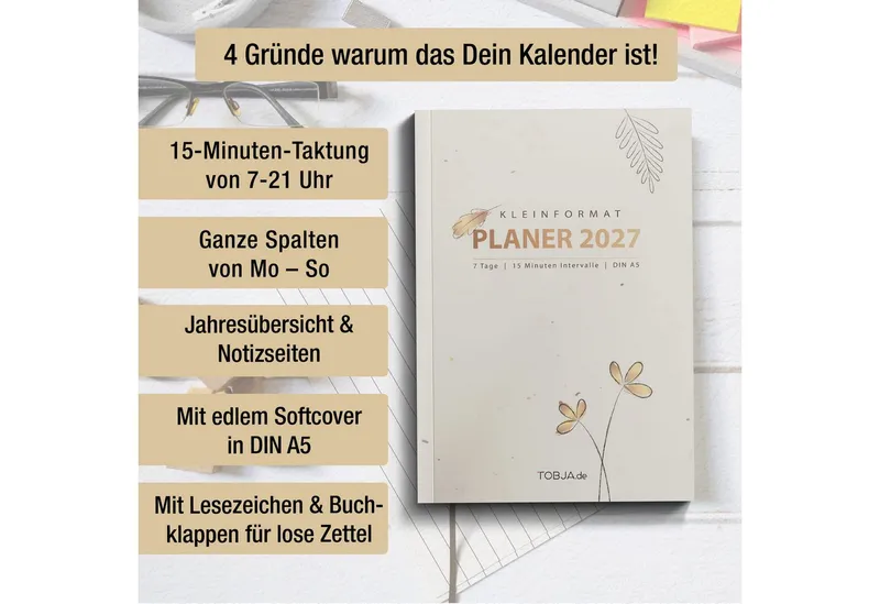 TOBJA Buchkalender Praxisplaner 2027 A5 Flora Terminplaner Salon Kosmetik 15 Min Takt FSC, 15-Min-Takt 7-21 Uhr, A5, 1 Wo 2 Seiten, FSC-Papier, Blumen-Design, Schwarz, – Produktbild 2 von 5