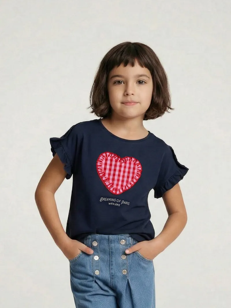 Vertbaudet T-Shirt mit kurzen Volantärmeln Mädchen, Marine, – Produktbild 1 von 3