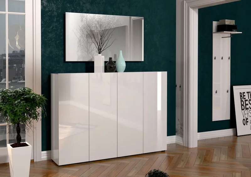 Home affaire Schuhschrank MISTER- Schuhregal, Made in Italy, 12 Fächer, 10 Einlegeböden (160x34x114 cm) Hochglanz Lackierung, 4 Türen, mit Platz für ca. 36 paar Schuhe, Weiß, – Produktbild 2 von 5