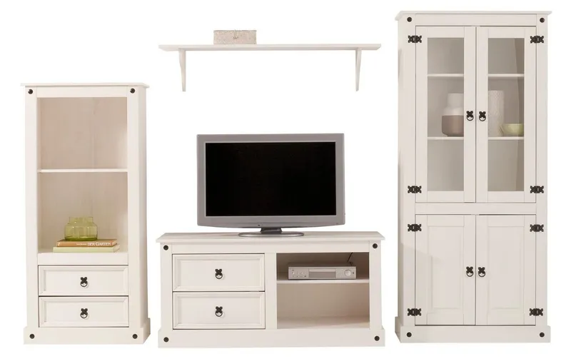 OTTO home Wohnwand Mexiko Vitrine, Regal und TV-Board mit Metallgriffen, (Set, 3-St), bestehend aus 1 Vitrine, 1 Lowboard und 1 Regal, ohne Wandboard, Weiß, – Produktbild 5 von 5