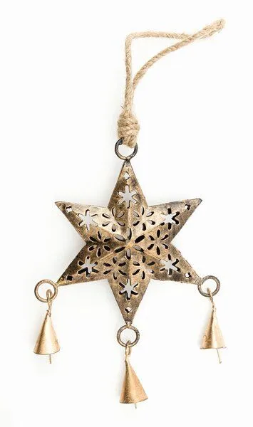 El Puente El Puente Deko-Anhänger "Stern" mit Glöckchen | Fair Trade & Handmade aus Indien, Gold, – Produktbild 1 von 1
