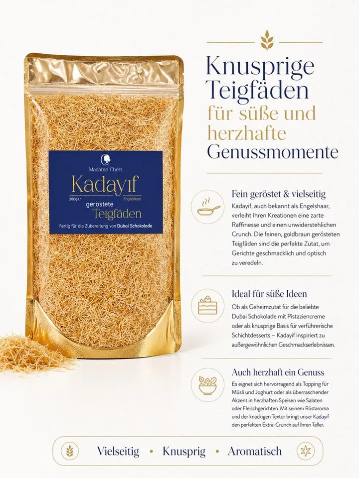 Madame Chéri Backzutat Kadayif geröstete Teigfäden 200g für Dubai Schokolade, geröstet, ohne Zusatzstoffe, ohne Palmöl – Produktbild 2 von 4