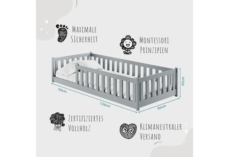 Kids Collective Kinderbett Bodenbett Bett mit Rausfallschutz & Lattenrost Montessori Bett Kinder (Jungen, Mädchen, Kinder, weitere Größen 80x160, 80x180, 90x200, 120x200, 140x200 cm), Jugendbett Gitterbett Einzelbett, Aschgrau Kiefer 90x190 cm, Grau, – Produktbild 3 von 5