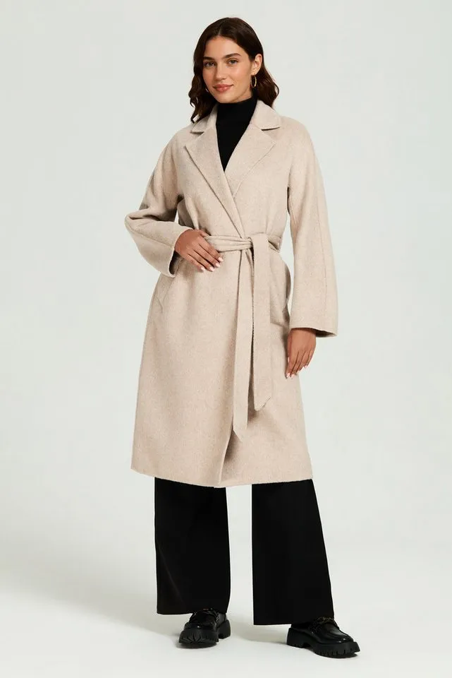 FS Collection Langmantel Damen Oversize-Mantel Langmantel aus Wollgemisch Beige S-XL Bindegürtel, Seitentaschen, handgefertigt, ungefüttert – Produktbild 3 von 4