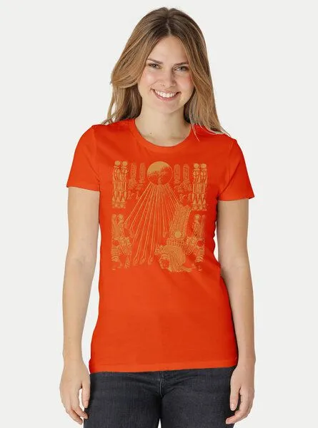 Peaces.bio - handbedruckte Biomode Peaces.bio - handbedruckte Biomode Damen Fit T-Shirt Sonnenscheibe Aton, Orange, – Produktbild 2 von 2