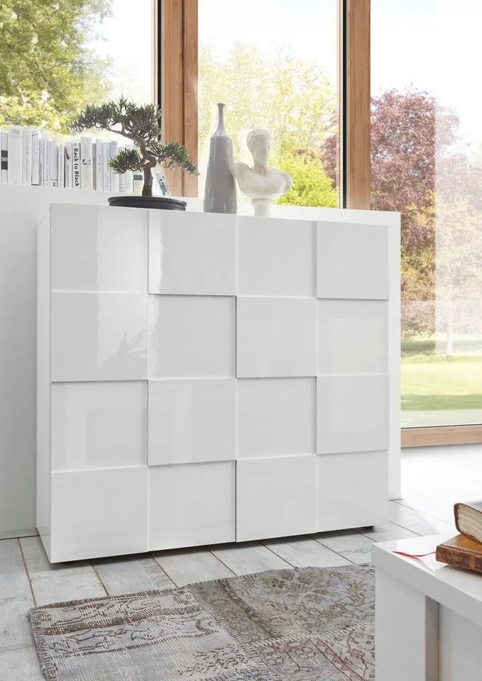 Home affaire Highboard Dama Höhe 111 cm, Breite 121 cm, Kommode 2 Türen, Hochkommode, Front in 3D-Optik, viel Stauraum, verschiedene Farben, Weiß, – Produktbild 3 von 5