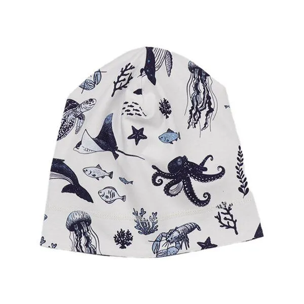 Walkiddy Beanie Weiß Wal & Meerestiere Allover Bio-Baumwolle GOTS weich – Walkiddy – Produktbild 1 von 3
