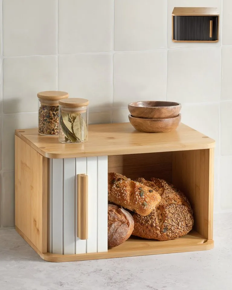 Praknu Brotkasten Brotkasten klein aus FSC® Holz mit Schiebetür - Brotaufbewahrung, Bambus, (Brotkasten Bambus Schiebetür, Kleiner Brotkasten aus Bambus mit weißer Schiebetür, platzsparend), FSC® Holz - Platzsparend und stilvolle Brotbox für längere Frische, Beige|braun, – Produktbild 2 von 5