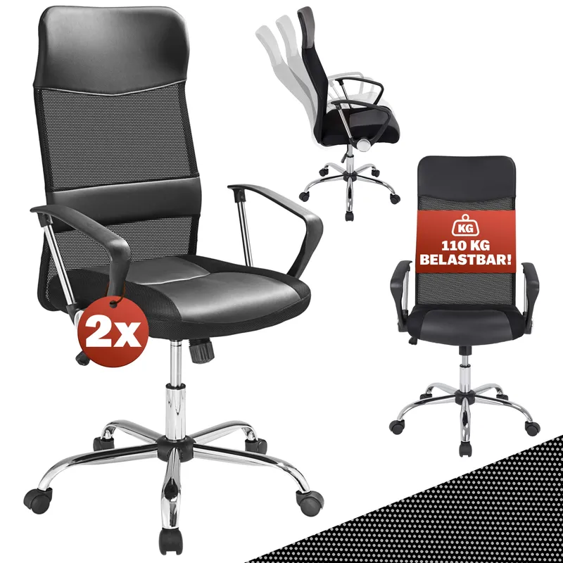 Casaria® Bürostuhl Deluxe 2er-Set Schwarz mit Netz, Schwarz, – Produktbild 2 von 2