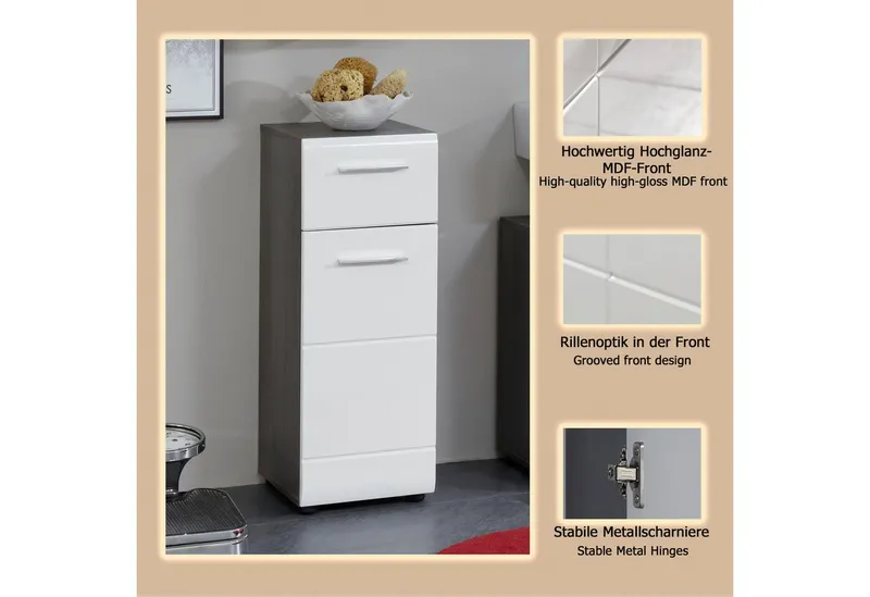 welltime Unterschrank Sovana Badkommode mit Hochglanzfront und 1 Schublade - (B/T/H) 30/31/80 cm, Silberfarben|weiß, – Produktbild 1 von 3