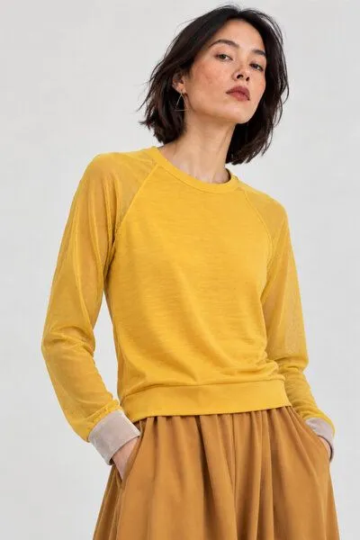 ein garten Studios ein garten Studios Basic Raglan Mesh Shirt – Longsleeve aus Bio-Bambus mit transparenten Ärmeln, Yellow, – Produktbild 1 von 1
