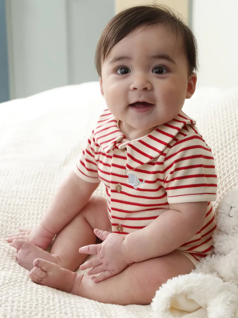Vertbaudet Gestreifter Baby Overall, Rot, – Produktbild 1 von 4