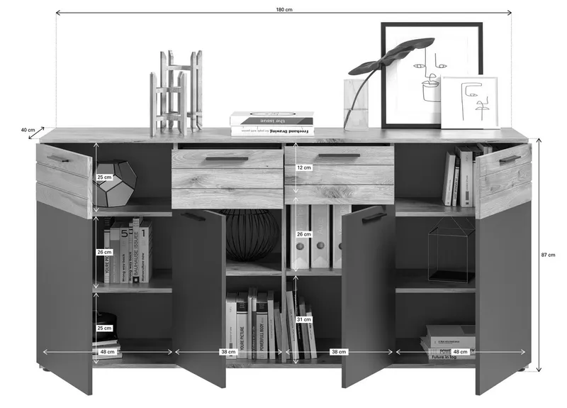 Home affaire Sideboard Riga, Breite 180cm, 4 Türen, 2 Schubkästen, 6 Einlegeböden, 10 Fächer, hochwertige Rillenfräsung, mit Softclose, Kommode, Anrichte, Schrank, Grau, – Produktbild 5 von 5