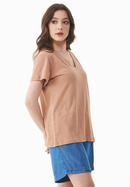 ORGANICATION ORGANICATION T-Shirt aus Bio-Baumwolle und Leinen, Braun(tan), – Produktbild 3 von 4