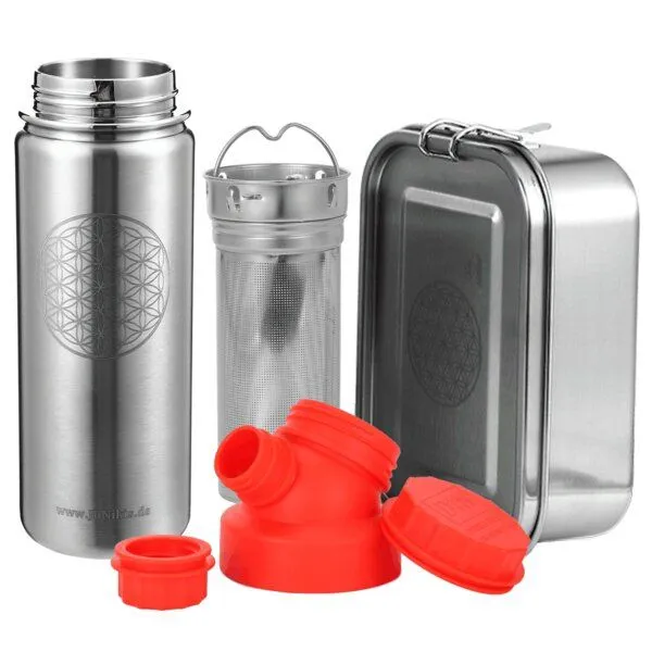 JN JuNiki's JN JuNiki's Set "Blume des Lebens": Lunchbox + 550ml Edelstahltrinkflasche + Teefilter, Rot, – Produktbild 1 von 4