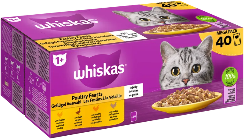 Whiskas Whiskas Portionsbeutel Multipack Mega Pack 1+ Geflügel Auswahl in Gelee 40 x 85g – Produktbild 1 von 1