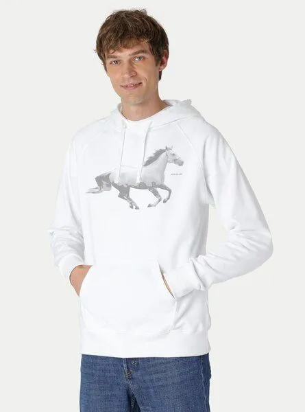 Peaces.bio - handbedruckte Biomode Peaces.bio - handbedruckte Biomode Bio-Herren-Kapuzensweater Horsepower, Weiß, – Produktbild 1 von 2