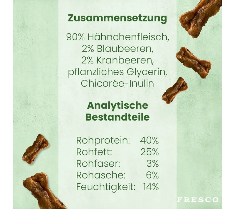 Fresco Dog Martin Rütter Trainingsknöchelchen 1kg, Hunde Leckerli Huhn mit Blaubeeren & Kranbeeren, Snack für: Hunde, getreidefrei, zuckerfrei, hoher Fleischanteil – Produktbild 4 von 5