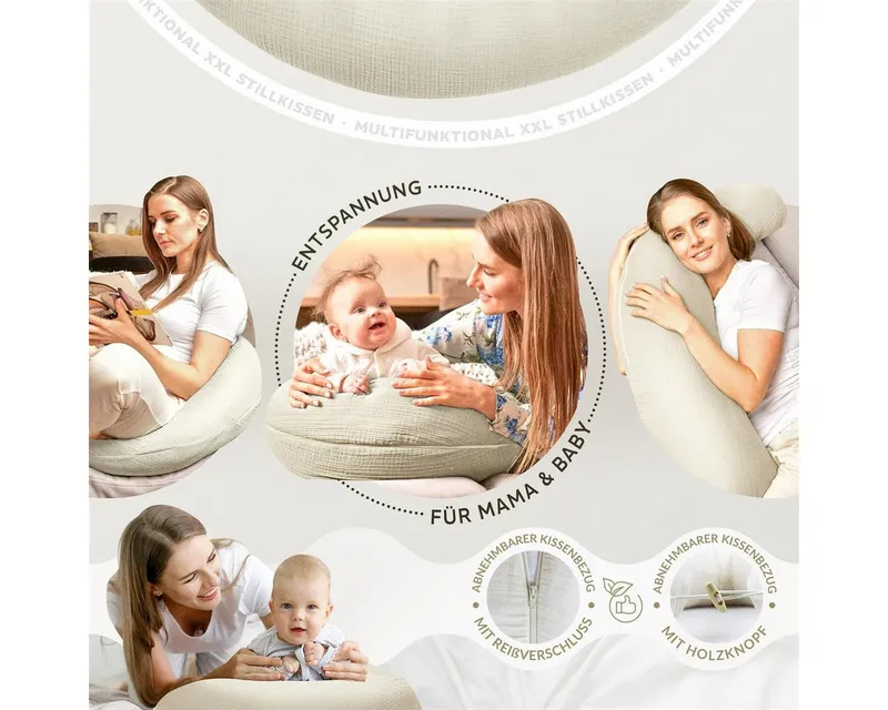 SEI Design Stillkissen Seitenschläferkissen XXL Babynest - Baby Erstausstattung Neugeborene, Schwangerschaftskissen 190x30 cm, Schwangerschaftskissen mit Bezug, Musselin Bezug 100% BIO Baumwolle, Beige, – Produktbild 2 von 5