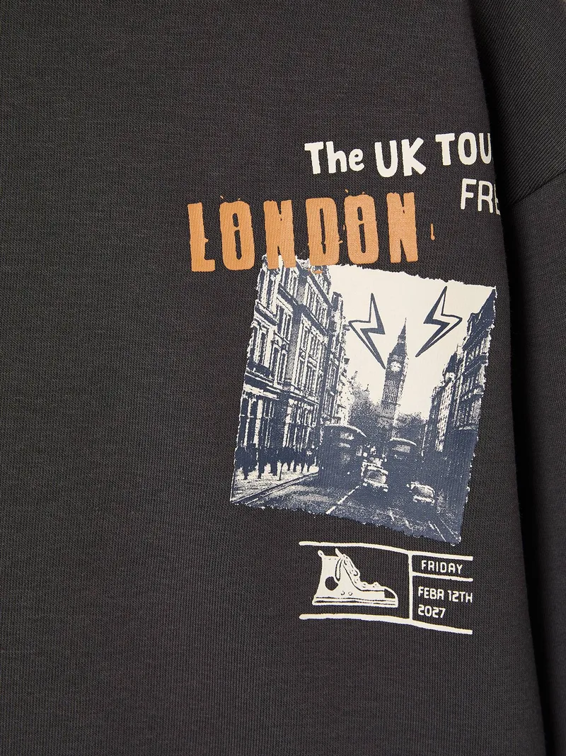 Vertbaudet Kapuzensweatshirt London-Motive Jungen, Anthrazit, – Produktbild 2 von 3