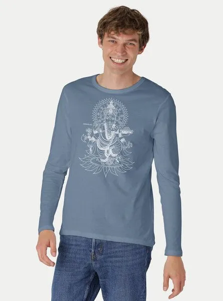 Peaces.bio - handbedruckte Biomode Peaces.bio - handbedruckte Biomode Bio-Herren-Langarmshirt Ganesha, Graublau, – Produktbild 2 von 2