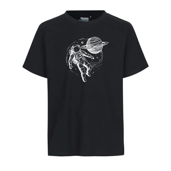 HANDGEDRUCKT HANDGEDRUCKT "Space Walk 2.0" Unisex T-Shirt aus reiner Baumwolle (kbA), Black, – Produktbild 1 von 2