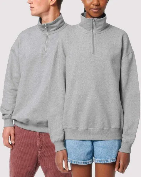 YTWOO YTWOO Oversized Sweatshirt mit kurzem Reißverschluss aus reiner Bio-Baumwolle; Unisex Troyer, Grau meliert, – Produktbild 1 von 4