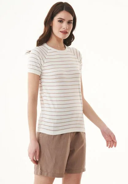 ORGANICATION ORGANICATION Feinstrick-T-Shirt aus Bio-Baumwolle mit Streifen, Off white/beige, – Produktbild 3 von 4