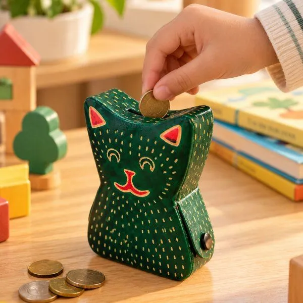 Janselo Katze Kinder-Spardose aus Shanti-Leder in Grün – Produktbild 4 von 4