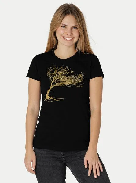 Peaces.bio - handbedruckte Biomode Peaces.bio - handbedruckte Biomode Bio-Damen-T-Shirt "Windy Tree", Schwarz, – Produktbild 1 von 2