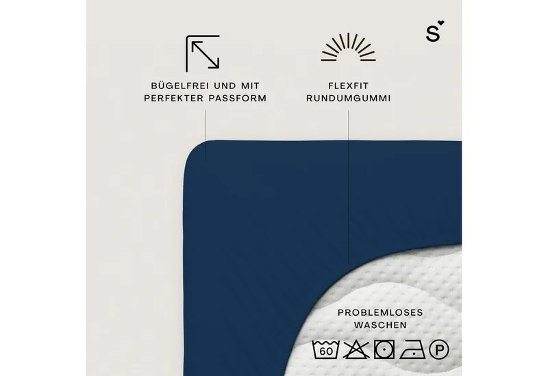 Schlafgut Schlafgut Spannbettlaken Basic Cotton Bettlaken, 160 g/m², 100% Baumwolle, Spannbetttuch, Jersey, Gummizug: rundum, (1 Stück), Spannbettlaken bis 20 cm Matratzenhöhe, bügelfrei und pflegeleicht, Blau, – Produktbild 3 von 6
