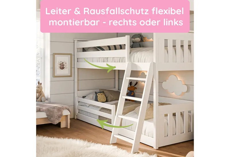 Kids Collective Etagenbett Hochbett Stockbett Kinderbett 90x200 cm Rausfallschutz & Lattenrost, Bett für Mädchen & Jungen 90x200 cm massives Kiefernholz, Weiß, – Produktbild 5 von 5