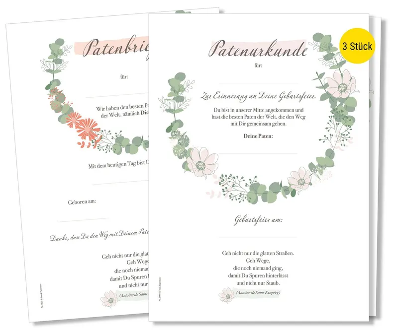 Frank Paperman Taufkarte Patenbrief Taufpaten, Urkunden Set, Paten Patenkind, Taufe floral, 100% Recyclingpapier, Erinnerung Taufe, Geschenk Geburt – Produktbild 1 von 5