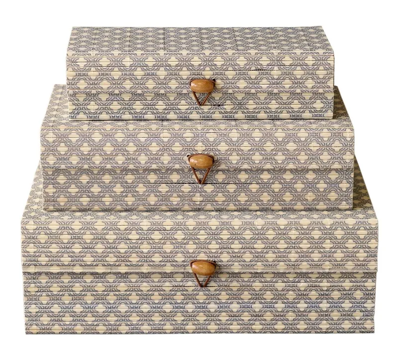 Chic Antique Holzkiste Chic Antique - 3er Schachtel Set Box Kiste mit Deckel Bambus Muster, Beige, – Produktbild 2 von 5