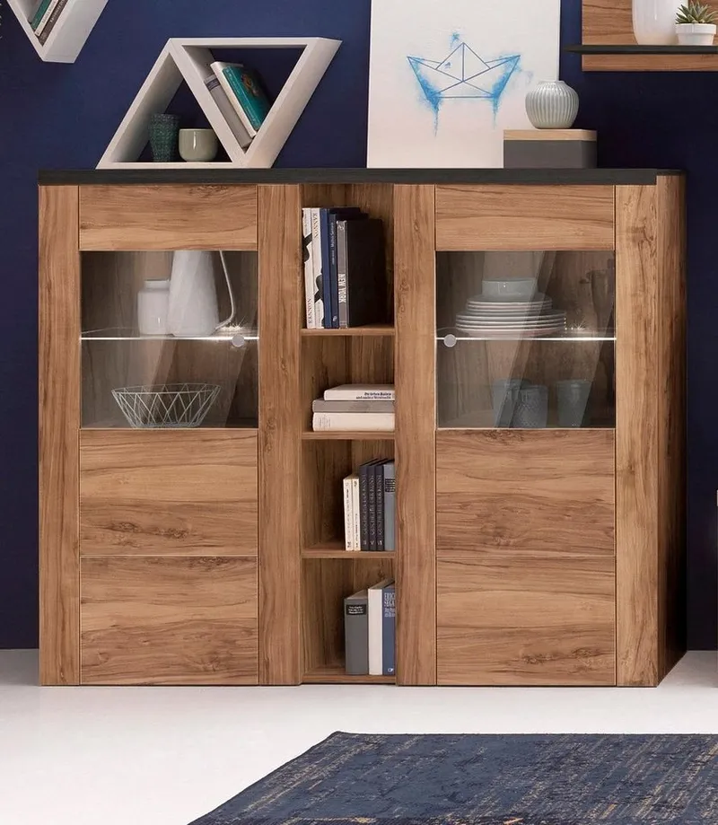OTTO home Highboard Larona, zeitlose Hochkommode mit 2 Türen, Türkommode, Höhe 129,5 cm, Anrichte mit dekorative Rahmenoptik, Türen mit Glaseinsatz, Braun, – Produktbild 8 von 8