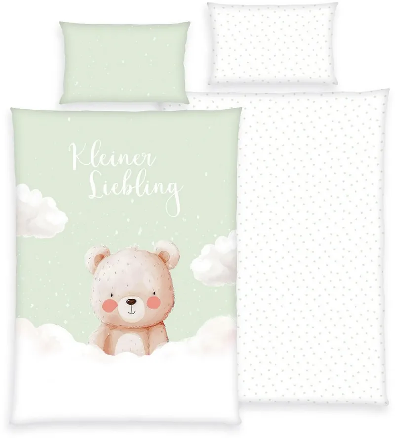 OTTO home Kinderbettwäsche Kleiner Liebling in Gr. 100x135 und 135x200 cm, Renforcé, 2 teilig, aus Baumwolle, mit niedlichem Bärenmotiv & Schriftzug, Babybettwäsche, Grün, – Produktbild 2 von 7