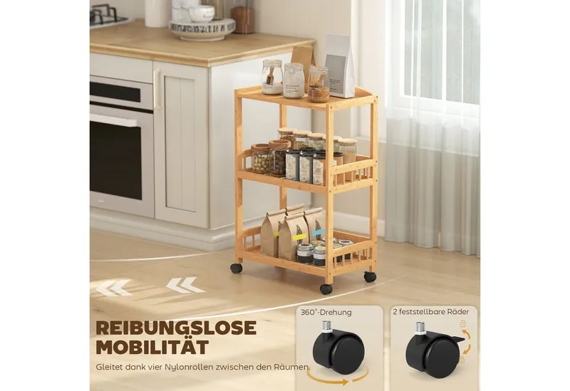 HOMCOM HOMCOM Küchenwagen Rollwagen mit 3 Ebenen, Servierwagen mit Stauraum, (Servierwagen, 1 St., Rollwagen), für Küche Bad Büro Wohnzimmer Naturholz, Beige, – Produktbild 4 von 4