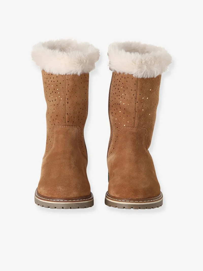 Vertbaudet Vertbaudet Leder-Stiefel mit Fellbesatz und Reißverschluss Glitzer-Tupfen Mädchen, Braun, – Produktbild 4 von 4