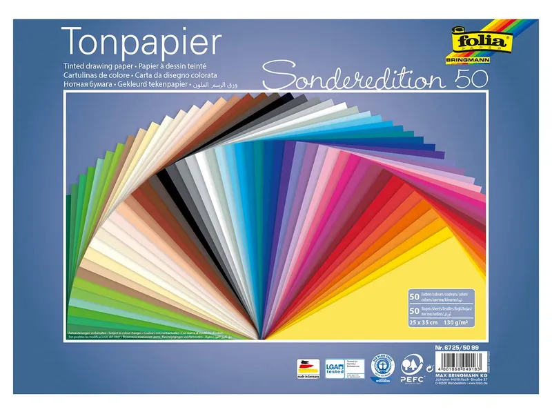 folia folia Tonpapier, 130 g/m², sortierte Farben, 25 x 35 cm, 50 Bogen – Produktbild 2 von 2