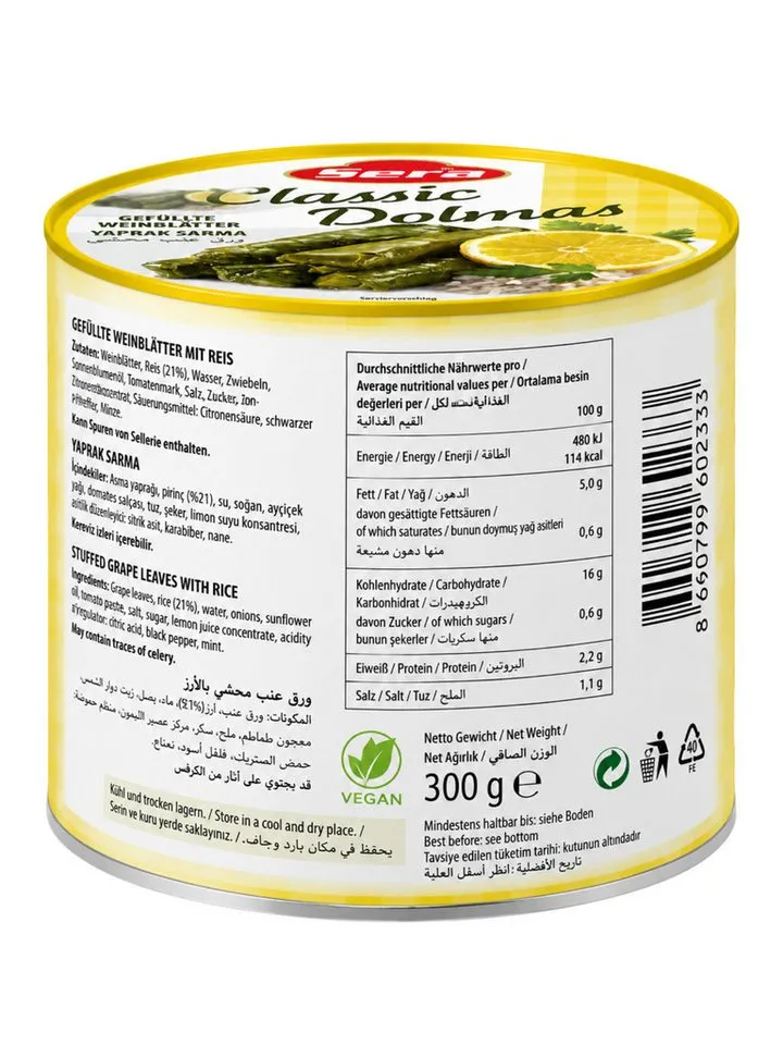 SERA FOOD Fertiggericht Gefüllte Weinblätter mit Reis – mediterran & servierfertig, (Vegane Konserven), Spezialität, servierfertig, vegan/vegetarisch, hochwertige Zutaten – Produktbild 2 von 4