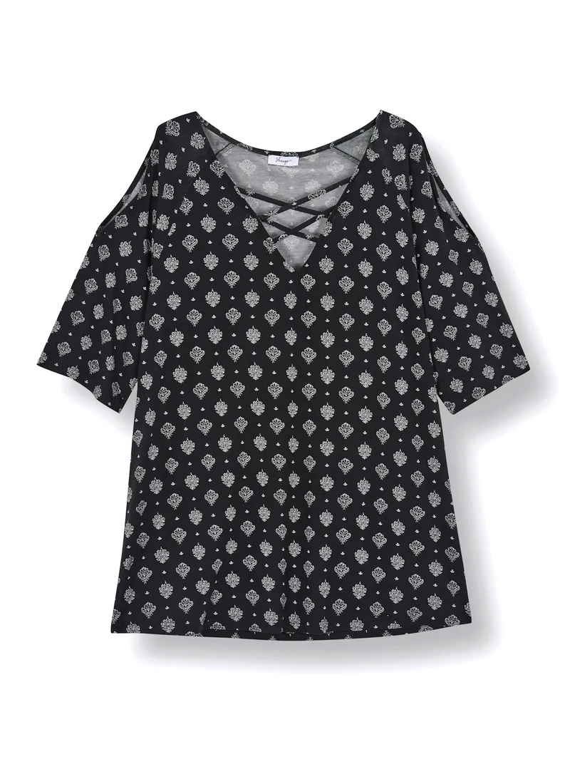 sheego Longshirt schwarz-ecru-bedruckt, Schwarz-ecru-bedruckt, – Produktbild 2 von 2