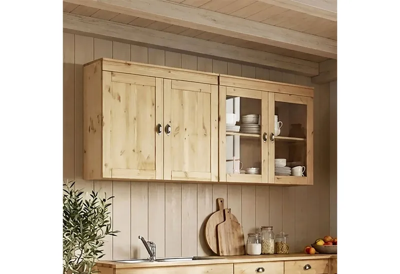Home affaire Hängeschrank Oslo 100 cm breit, massiver Kiefer, 2 Türen, Metallgriffe, Landhaus-Optik, Beige, – Produktbild 2 von 5
