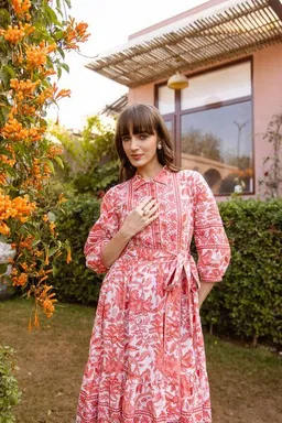 Haus of Namaste Haus of Namaste Handbedrucktes Midikleid aus Bio-Baumwolle mit Wellenmuster und Blumen-Print | Kleid mit Gürtel | Ethisch, nachhaltig und fair – Produktbild 1 von 1