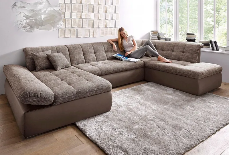 DOMO collection Wohnlandschaft MORIC 353x216x80 cm, mit viel Platz, U-Form, auch in Cord, im XXL-Format, wahlweise mit Bettfunktion und Armlehnenverstellung, Beige|braun, – Produktbild 6 von 8