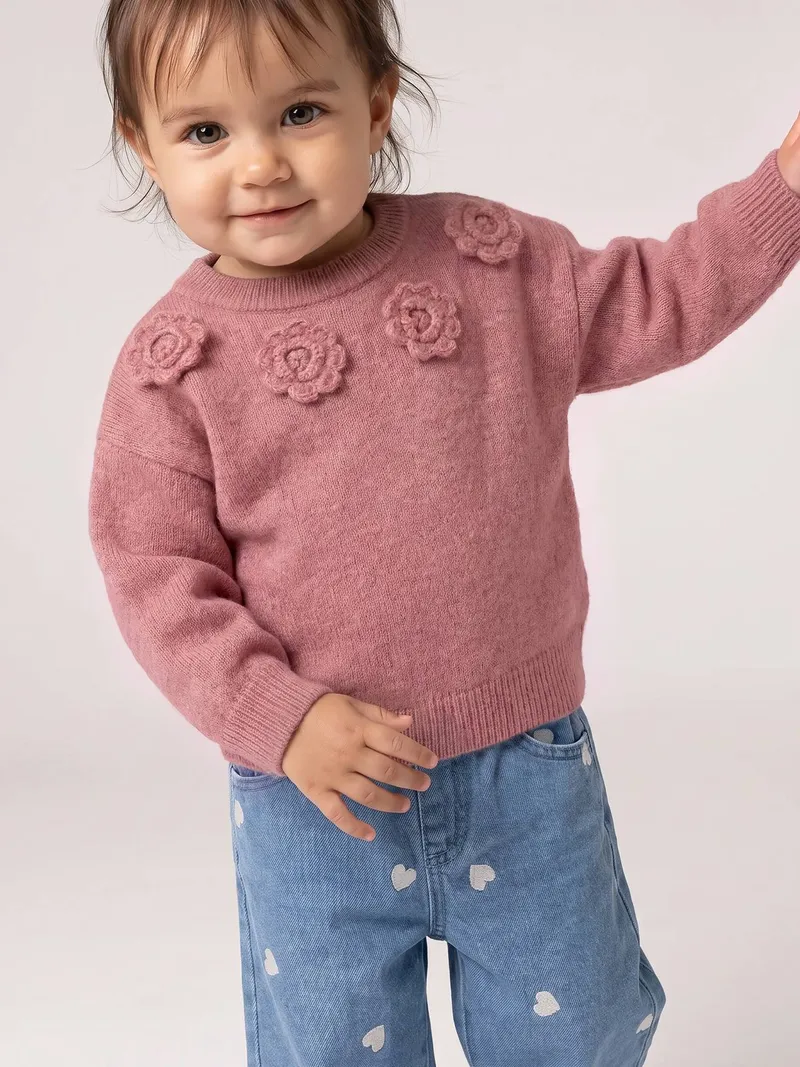 Vertbaudet Baby Pullover mit gehäkelten 3D-Blumen pudrig, Pudrig rosa, – Produktbild 1 von 3