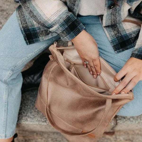 BOWLEANIES TASCHEN BOWLEANIES TASCHEN Shopper & Umhängetasche aus Lederfaserstoff mit Reißverschluss, Hellbraun, – Produktbild 2 von 4