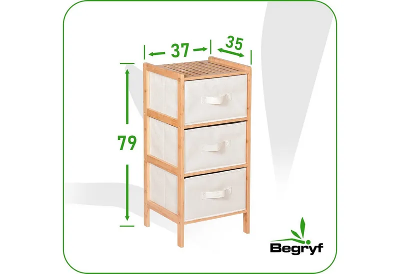 BEGRYF Badregal Bambusregal mit 3 Stoffschubladen Natur Beige 37 x 35 x 79 cm, Beige, – Produktbild 3 von 5