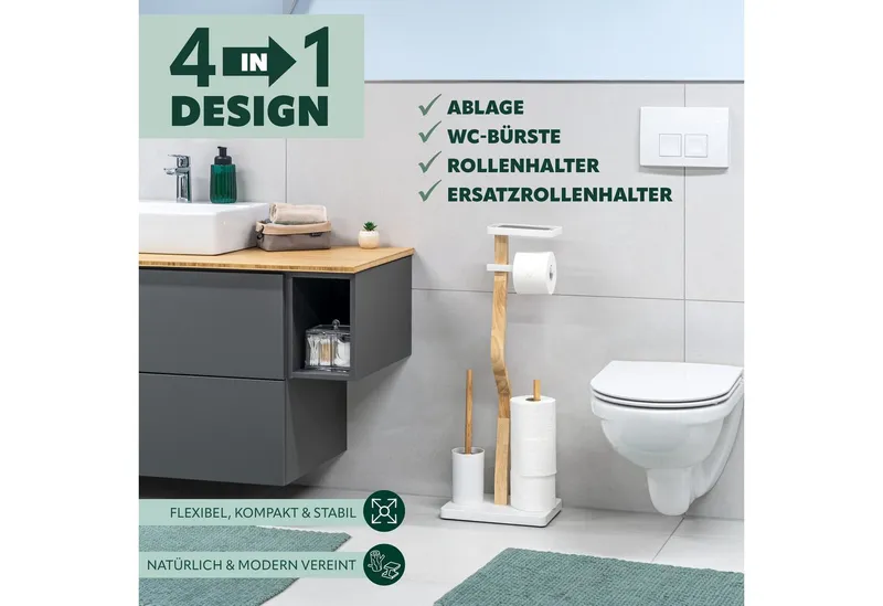 eluno WC-Garnitur freistehend, aus FSC-zertifiziertem Holz und weißem Metall, Weiß, – Produktbild 2 von 5