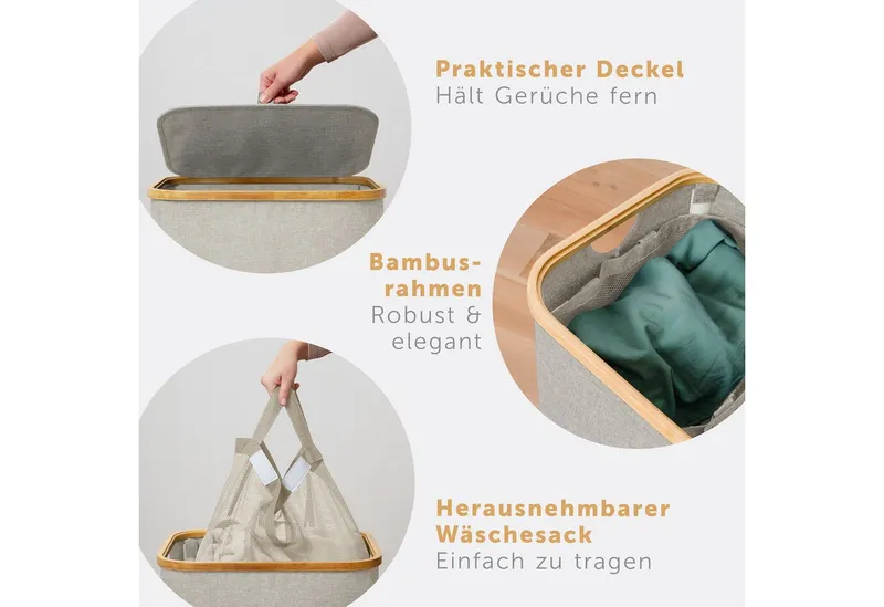 Blumtal Wäschekorb 1,2 oder 3 Fächer mit herausnehmbaren Wäschesäcken 100, 140 oder 150L, in drei Größen erhältlich, Beige|braun, – Produktbild 3 von 5