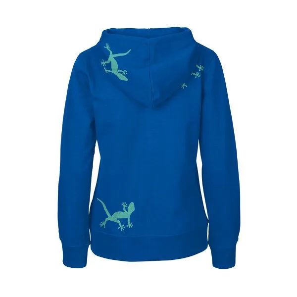 HANDGEDRUCKT HANDGEDRUCKT "Geckos" Frauen Zip-HOODY aus reiner Biobaumwolle (kbA), Royalblue, – Produktbild 1 von 4
